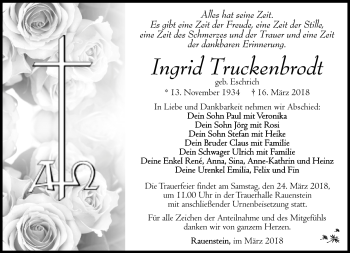 Traueranzeige von Ingrid Truckenbrodt von Südthüringer Presse