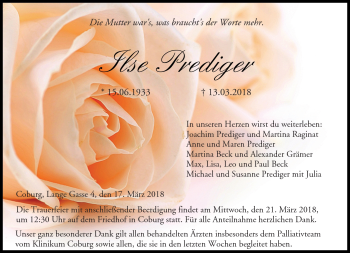 Traueranzeige von Ilse Prediger von Neue Presse Coburg