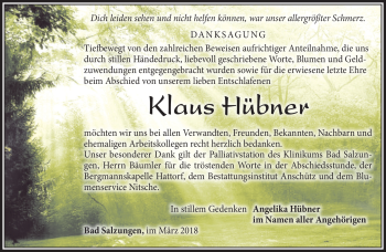 Traueranzeige von Klaus Hübner von Südthüringer Presse