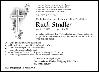 Traueranzeige von Ruth Stadler von Südthüringer Presse