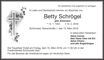 Traueranzeige von Betty Schrögel von Frankenpost