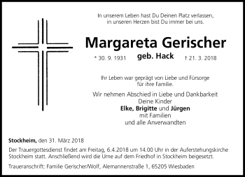Traueranzeige von Margareta Gerischer von Neue Presse Coburg