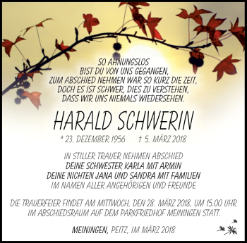 Traueranzeige von Harald Schwerin von Südthüringer Presse