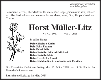 Traueranzeige von Horst Müller-Litz von Südthüringer Presse