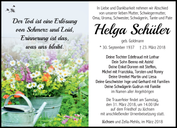 Traueranzeige von Helga Schüler von Südthüringer Presse
