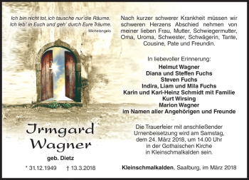 Traueranzeige von Irmgard Wagner von Südthüringer Presse