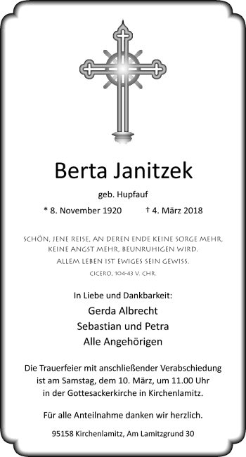 Traueranzeige von Berta Janitzek von Frankenpost