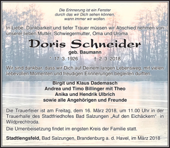 Traueranzeige von Doris Schneider von Südthüringer Presse