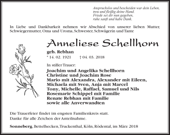 Traueranzeige von Anneliese Schellhorn von Südthüringer Presse