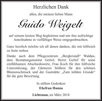 Traueranzeige von Guido Weigelt von Südthüringer Presse