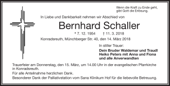 Traueranzeige von Bernhard Schaller von Frankenpost