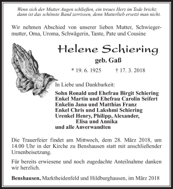 Traueranzeige von Helene Schiering von Südthüringer Presse