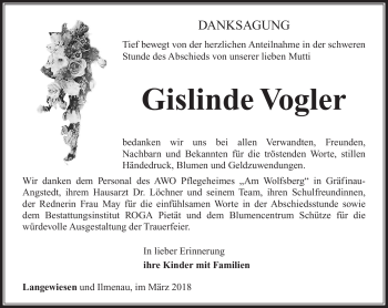 Traueranzeige von Gislinde Vogler von Südthüringer Presse