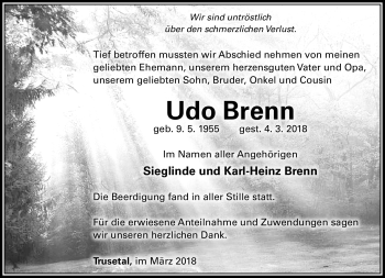 Traueranzeige von Udo Brenn von Südthüringer Presse
