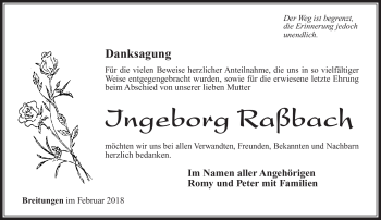 Traueranzeige von Ingeborg Raßbach von Südthüringer Presse