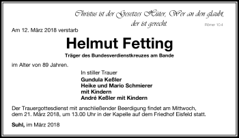 Traueranzeige von Helmut Fetting von Südthüringer Presse