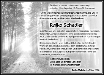Traueranzeige von Rajko Schedler von Südthüringer Presse