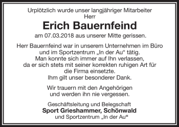 Traueranzeige von Erich Bauernfeind von Frankenpost