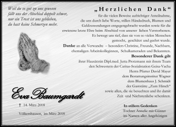 Traueranzeige von Eva Baumgardt von Südthüringer Presse