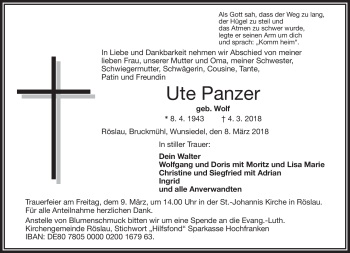 Traueranzeige von Ute Panzer von Frankenpost
