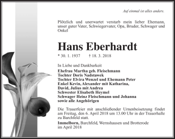 Traueranzeige von Hans Eberhardt von Südthüringer Presse