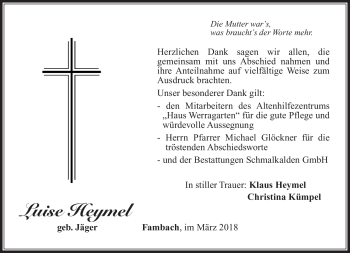 Traueranzeige von Luise Heymel von Südthüringer Presse