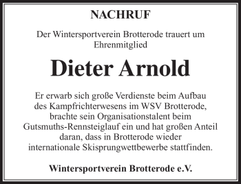 Traueranzeige von Dieter Arnold von Südthüringer Presse