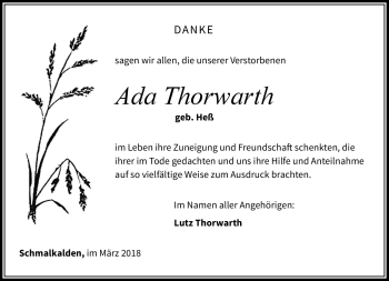 Traueranzeige von Ada Thorwarth von Südthüringer Presse