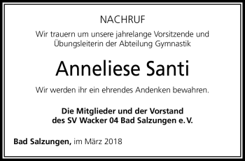 Traueranzeige von Anneliese Santi von Südthüringer Presse