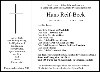Traueranzeige von Hans reif-Beck von Neue Presse Coburg