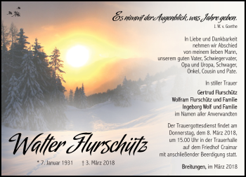 Traueranzeige von Walter Flurschnütz von Südthüringer Presse