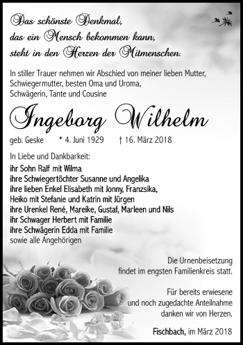 Traueranzeige von Ingeborg Wilhelm von Südthüringer Presse