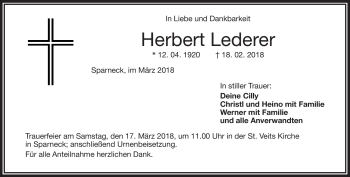 Traueranzeige von Herbert Lederer von Frankenpost
