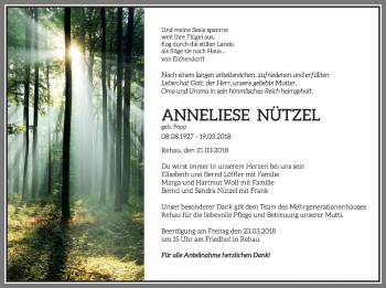 Traueranzeige von Anneliese Nützel von Frankenpost
