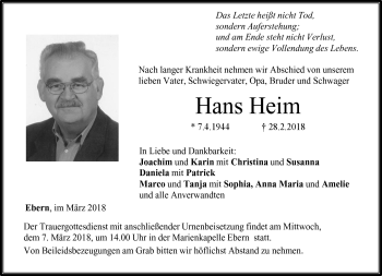 Traueranzeige von Hans Heim von Neue Presse Coburg