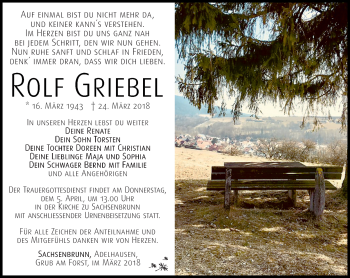 Traueranzeige von Rolf Griebel von Südthüringer Presse