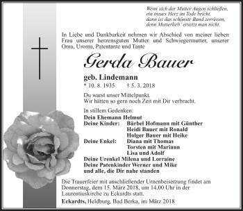 Traueranzeige von Gerda Bauer von Südthüringer Presse