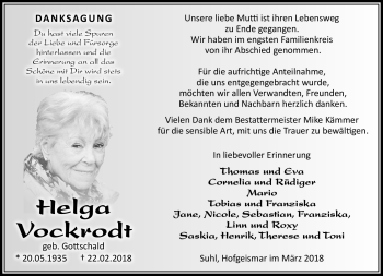 Traueranzeige von Helga Vockrodt von Südthüringer Presse
