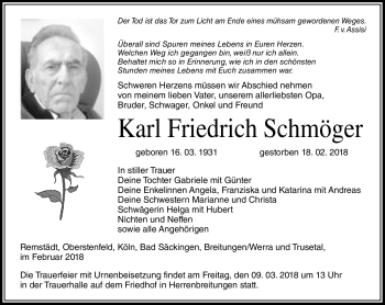 Traueranzeige von Karl Friedrich Schmöger von Südthüringer Presse