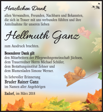 Traueranzeige von Hellmuth Ganz von Südthüringer Presse