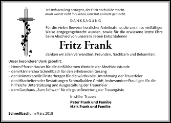 Traueranzeige von Fritz Frank von Südthüringer Presse