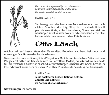 Traueranzeige von Otto Lösch von Südthüringer Presse