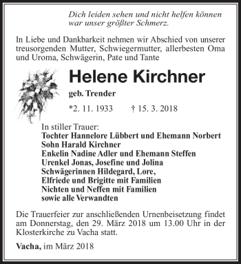 Traueranzeige von Helene Kirchner von Südthüringer Presse