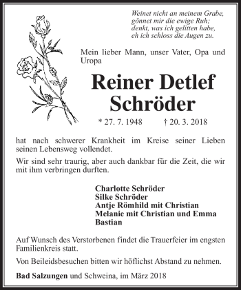 Traueranzeige von Reiner Detlef Schröder von Südthüringer Presse