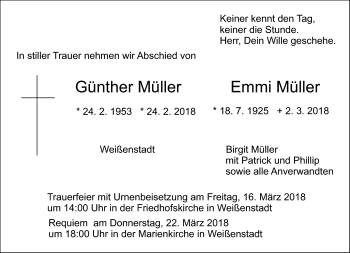 Traueranzeige von EmmiGünther MüllerMüller von Frankenpost