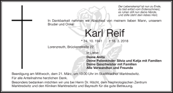 Traueranzeige von Karl Reif von Frankenpost