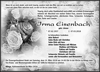 Traueranzeige von Irma Eisenbach von Südthüringer Presse