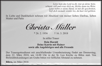 Traueranzeige von Christa Müller von Südthüringer Presse