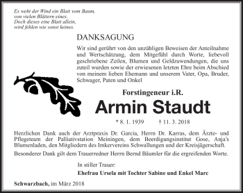 Traueranzeige von Armin Staudt von Südthüringer Presse