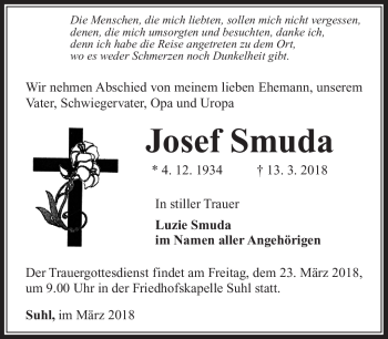 Traueranzeige von Josef Smuda von Südthüringer Presse